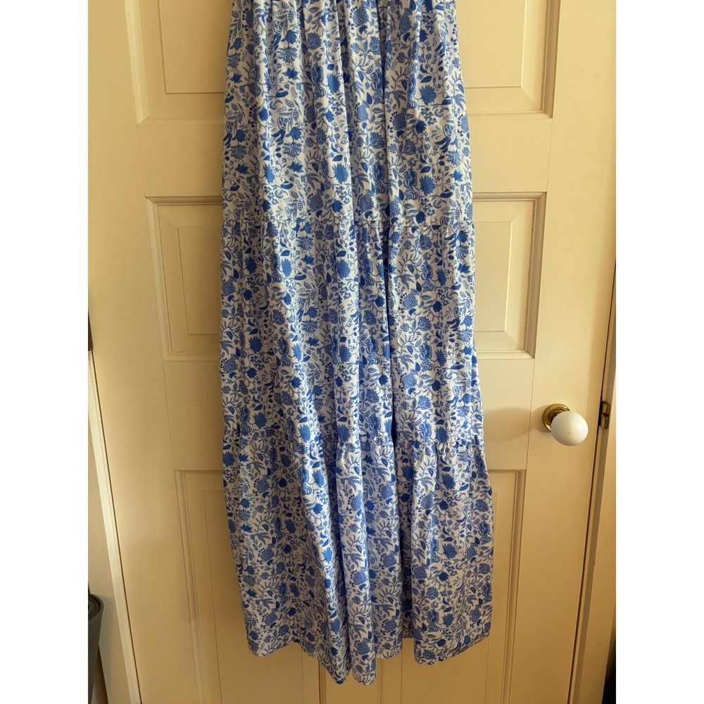 Sugarlips Blue White Floral Toile Smocked Ruffle Maxi Dress Small V-Neck Tiered - Picture 3 of 5